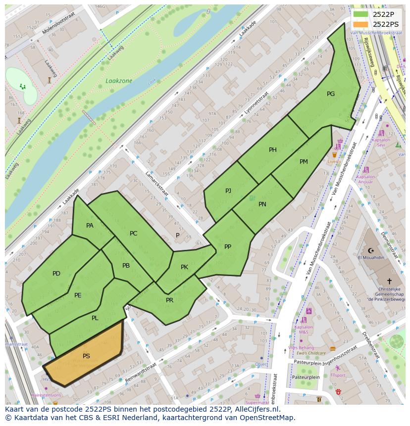 Afbeelding van het postcodegebied 2522 PS op de kaart.