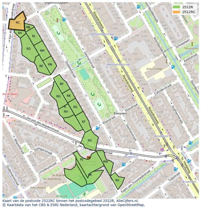 Afbeelding van het postcodegebied 2522 RC op de kaart.