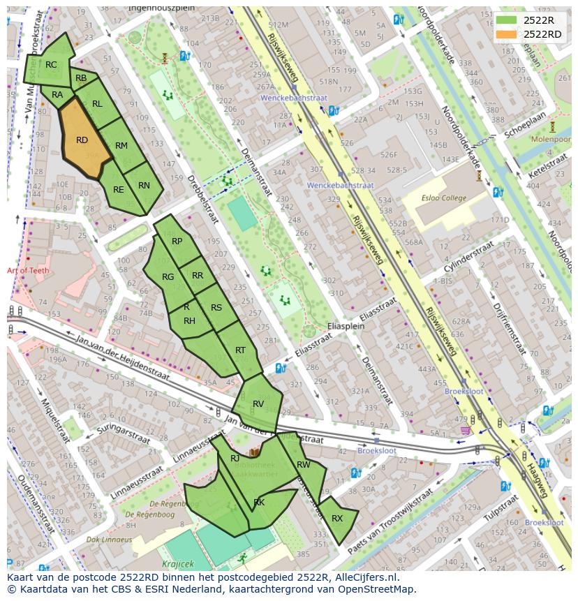 Afbeelding van het postcodegebied 2522 RD op de kaart.