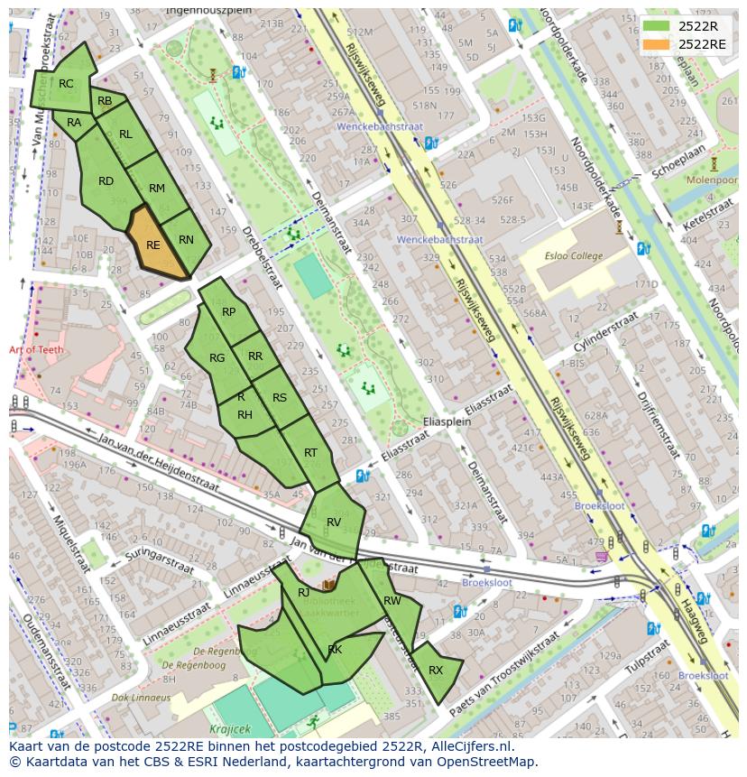 Afbeelding van het postcodegebied 2522 RE op de kaart.