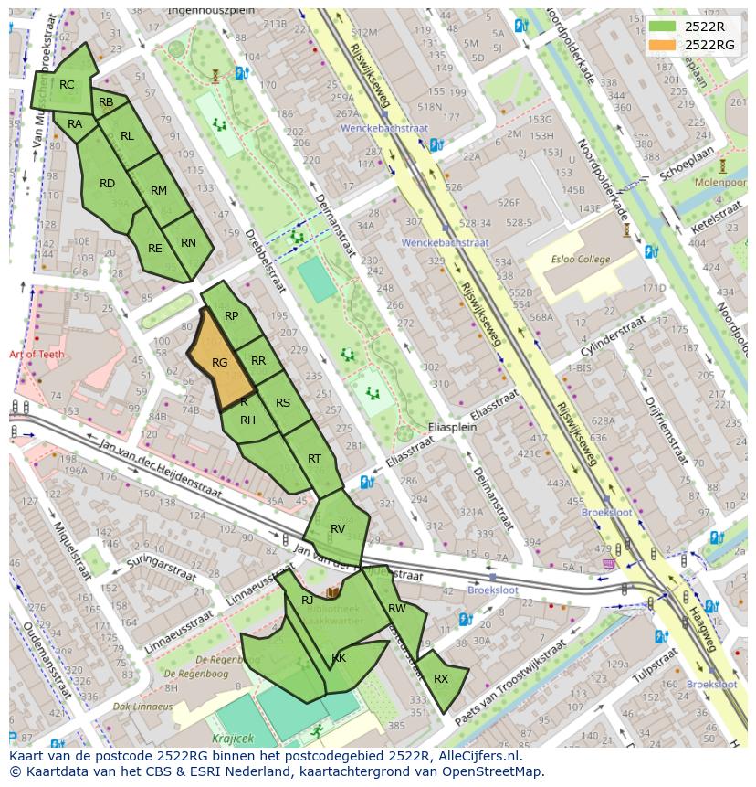 Afbeelding van het postcodegebied 2522 RG op de kaart.