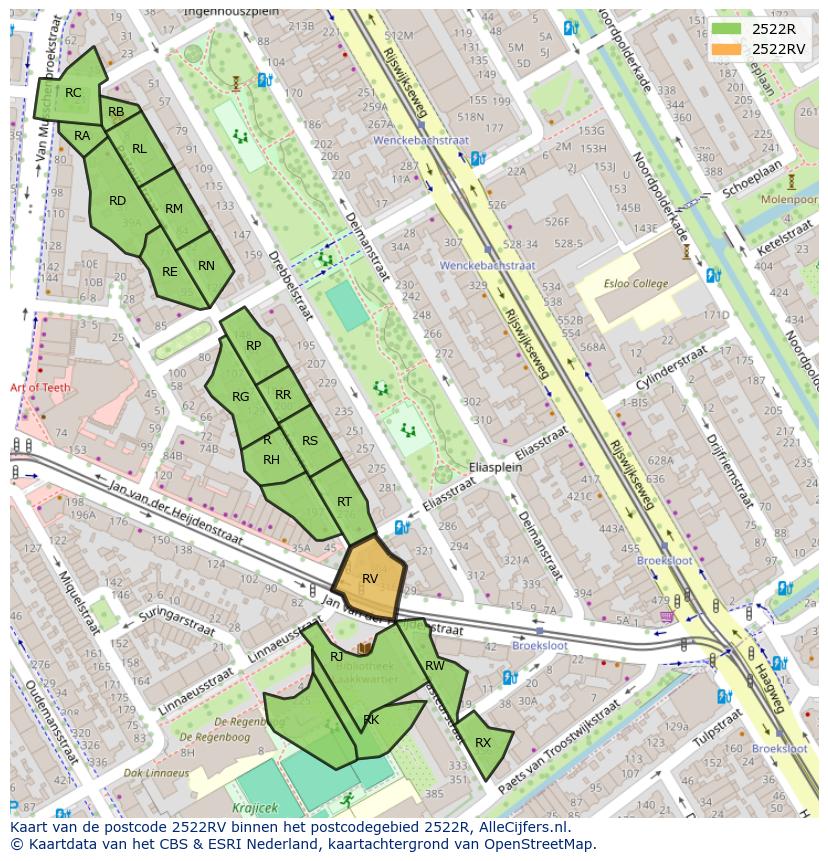 Afbeelding van het postcodegebied 2522 RV op de kaart.