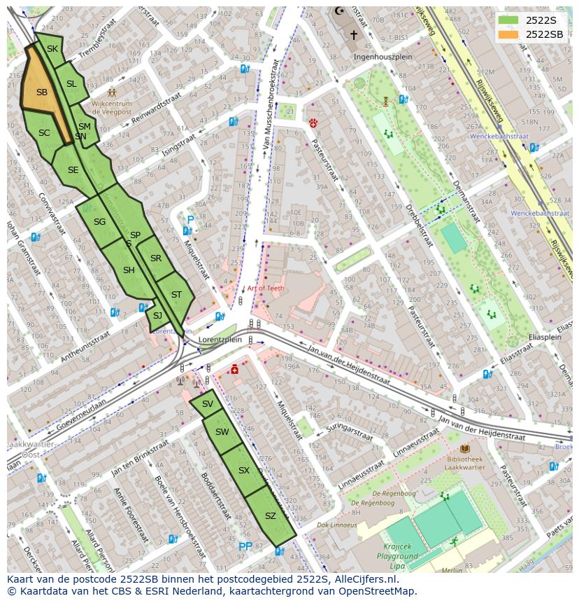 Afbeelding van het postcodegebied 2522 SB op de kaart.