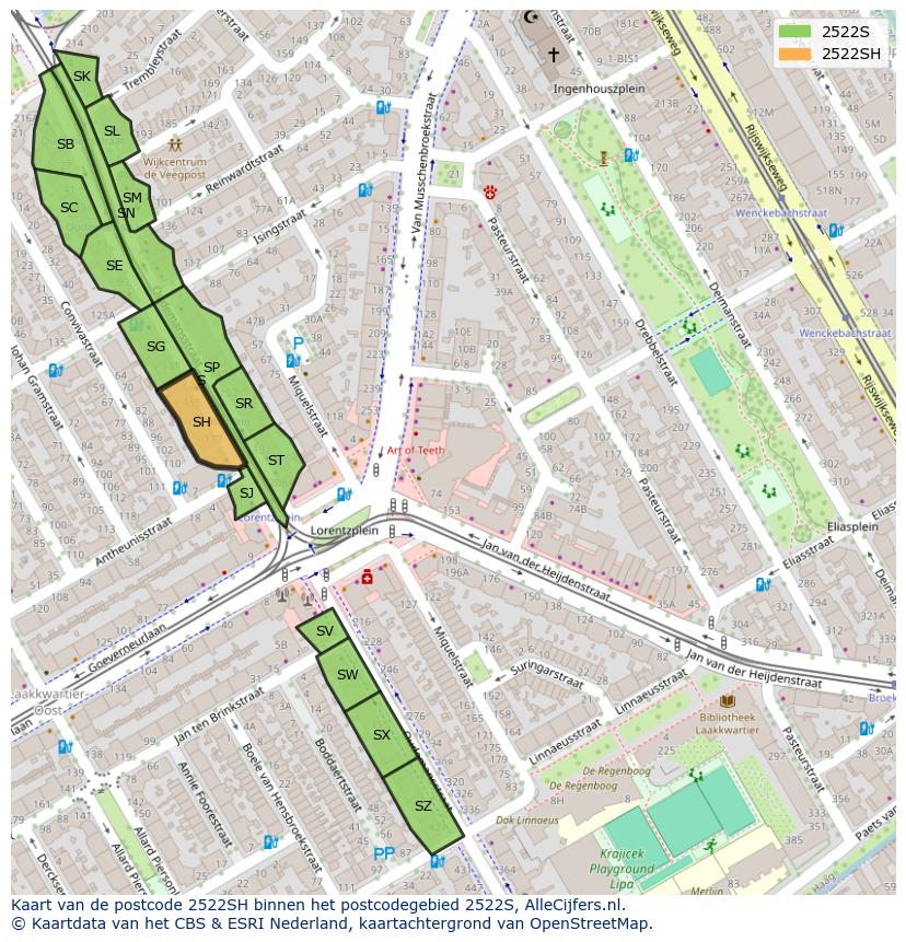 Afbeelding van het postcodegebied 2522 SH op de kaart.