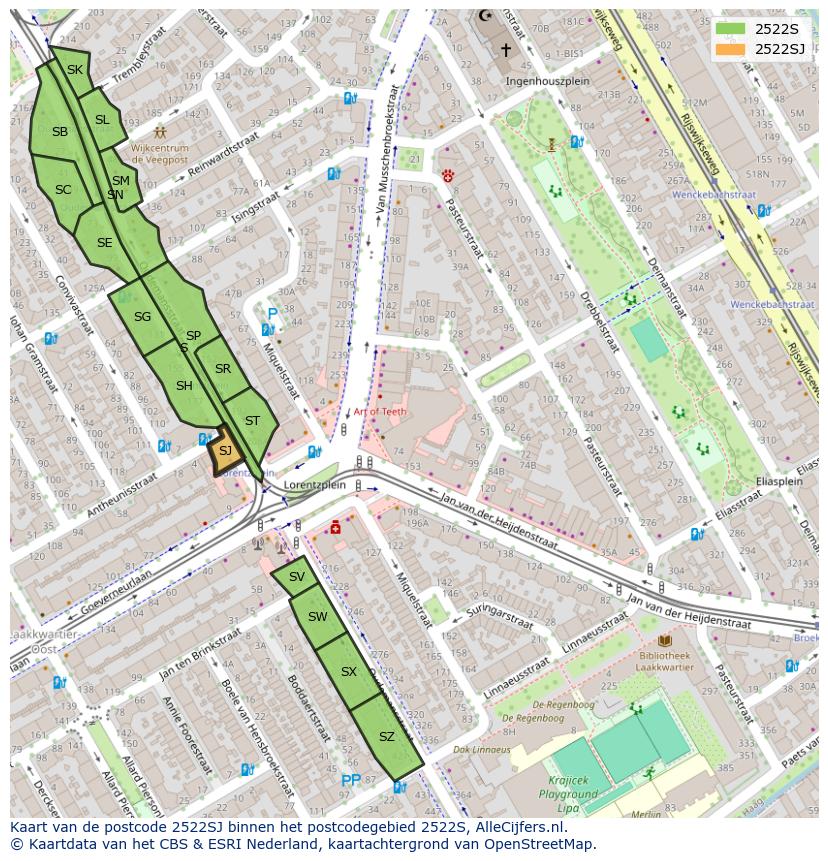 Afbeelding van het postcodegebied 2522 SJ op de kaart.