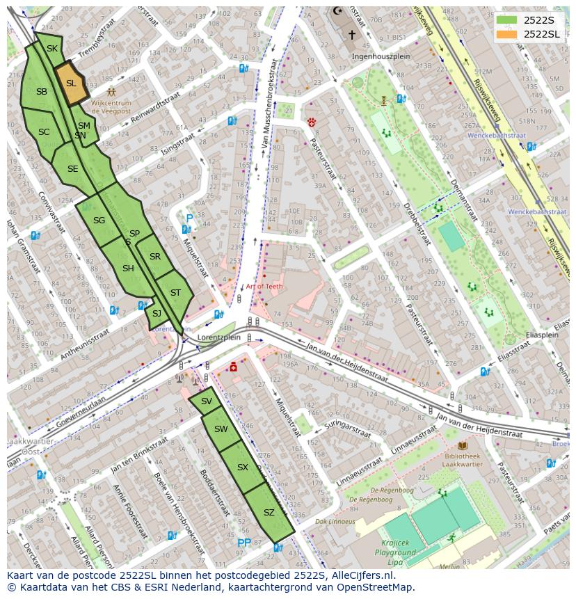 Afbeelding van het postcodegebied 2522 SL op de kaart.