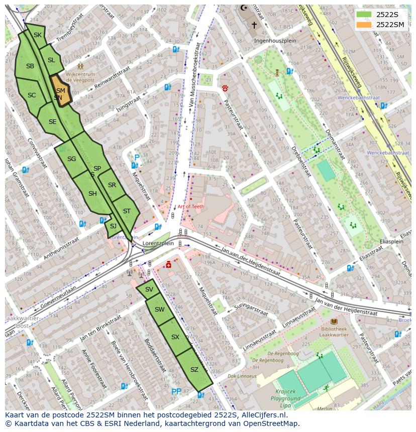 Afbeelding van het postcodegebied 2522 SM op de kaart.