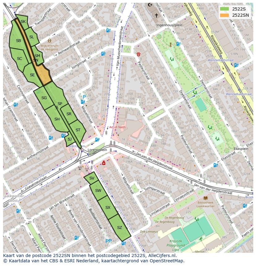 Afbeelding van het postcodegebied 2522 SN op de kaart.