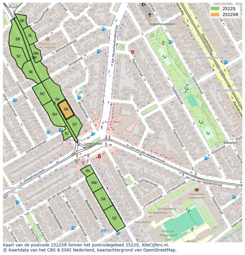 Afbeelding van het postcodegebied 2522 SR op de kaart.