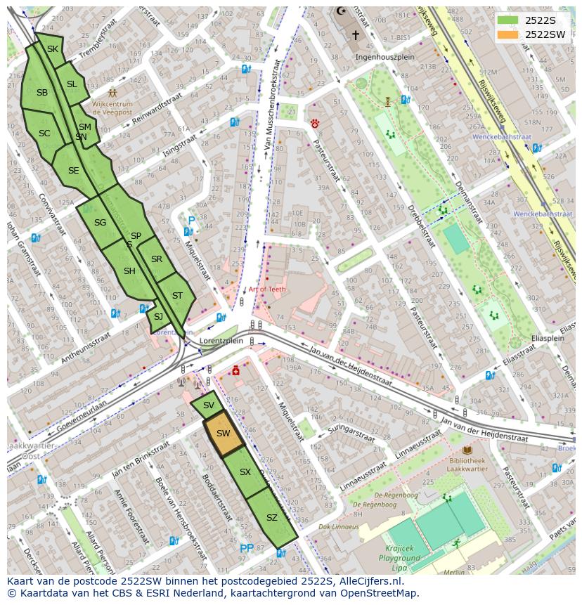 Afbeelding van het postcodegebied 2522 SW op de kaart.