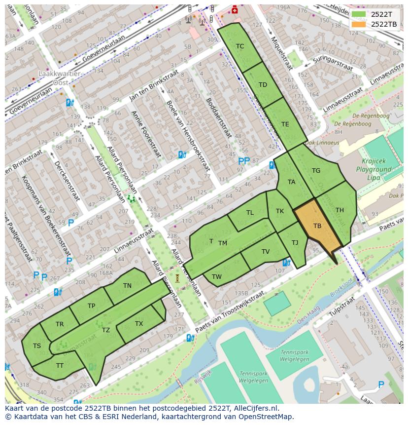 Afbeelding van het postcodegebied 2522 TB op de kaart.