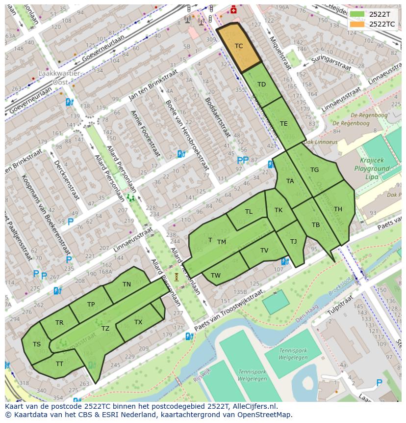 Afbeelding van het postcodegebied 2522 TC op de kaart.