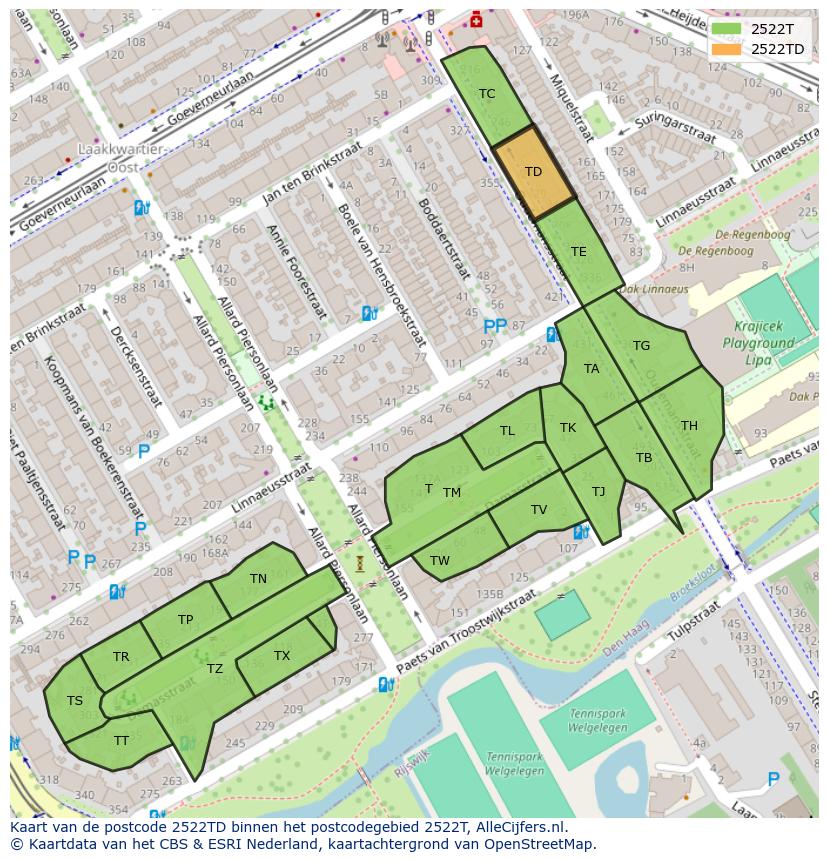 Afbeelding van het postcodegebied 2522 TD op de kaart.