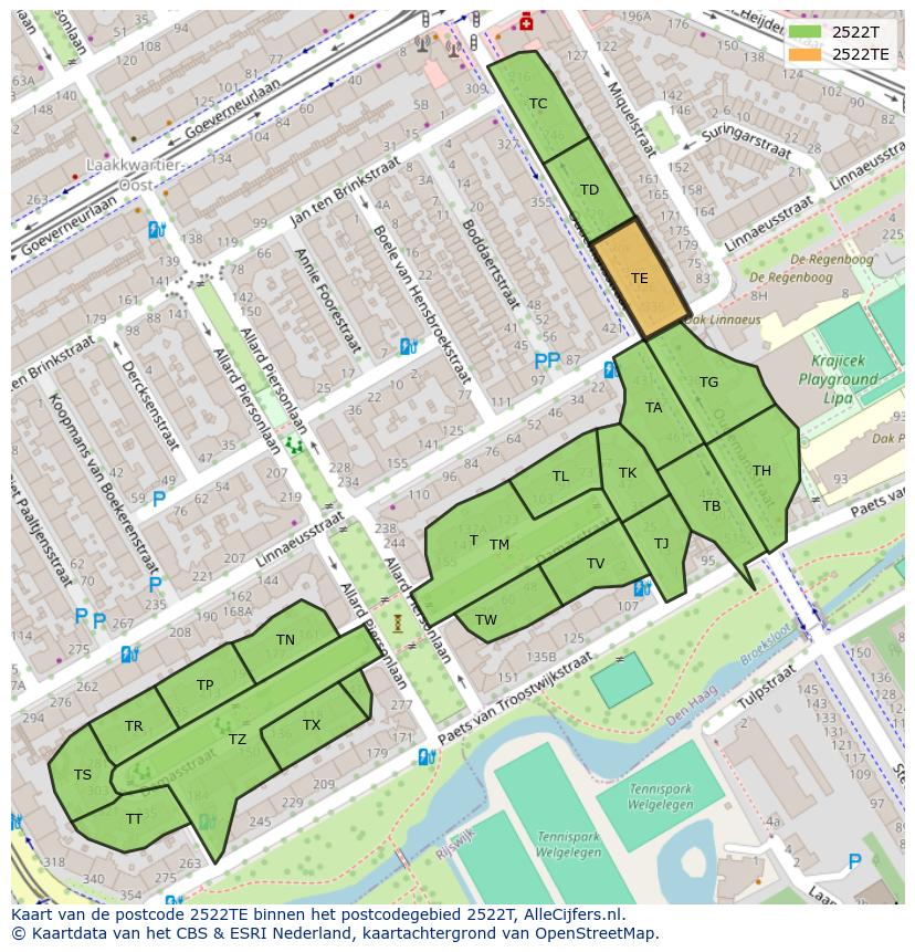 Afbeelding van het postcodegebied 2522 TE op de kaart.