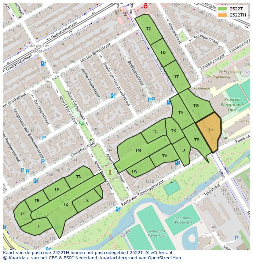 Afbeelding van het postcodegebied 2522 TH op de kaart.
