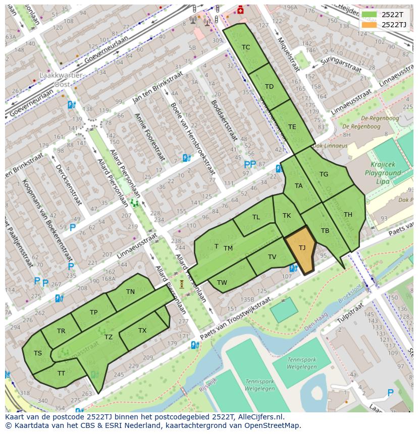 Afbeelding van het postcodegebied 2522 TJ op de kaart.