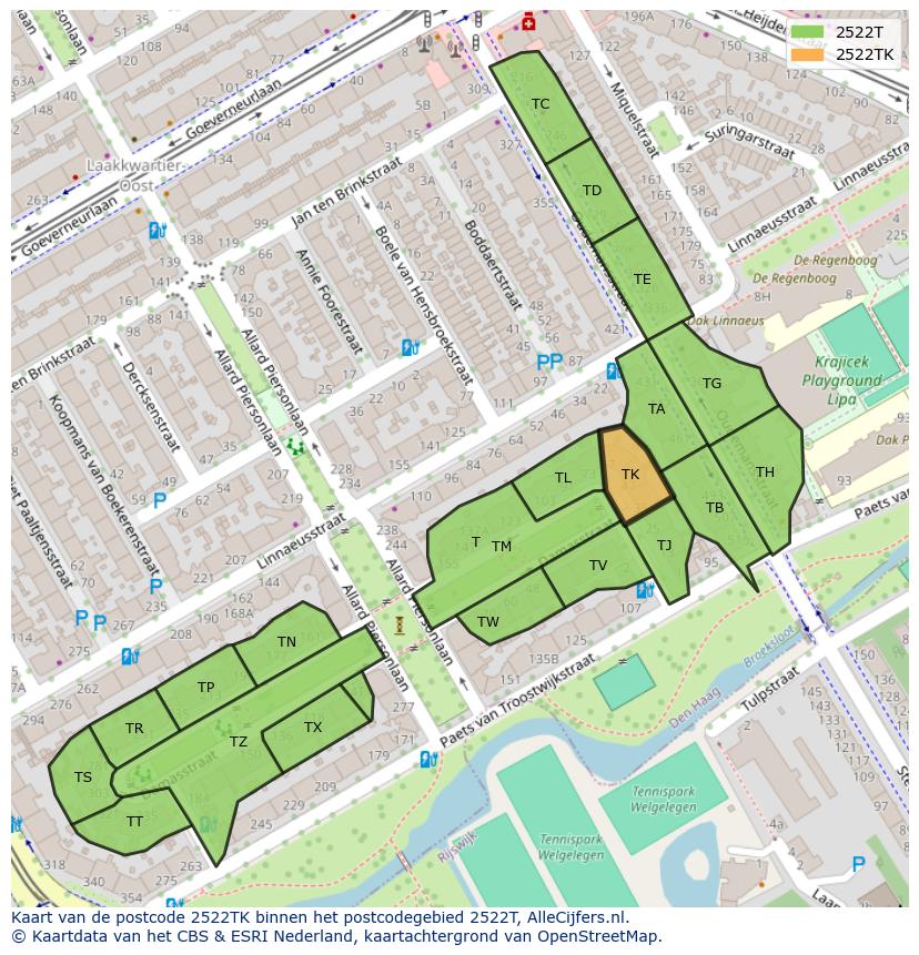 Afbeelding van het postcodegebied 2522 TK op de kaart.