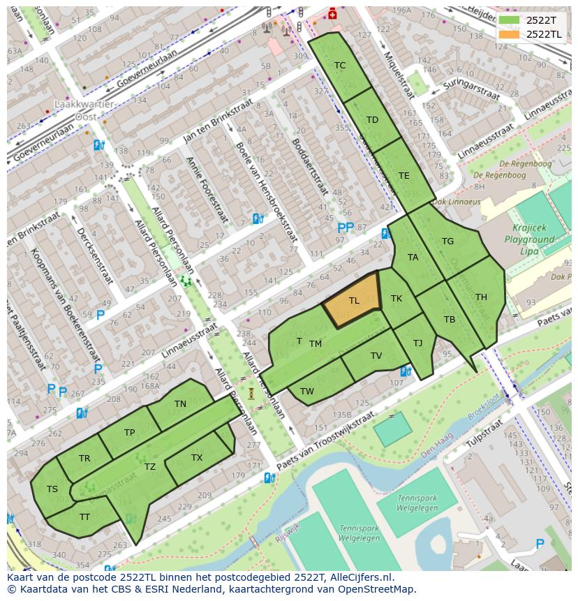 Afbeelding van het postcodegebied 2522 TL op de kaart.