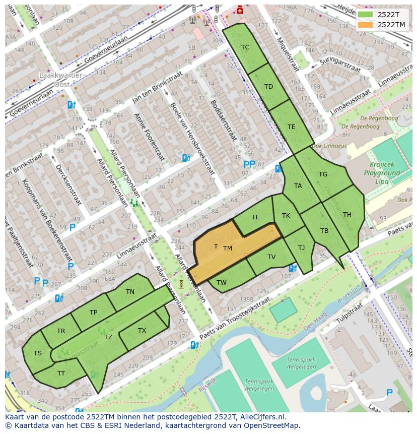 Afbeelding van het postcodegebied 2522 TM op de kaart.