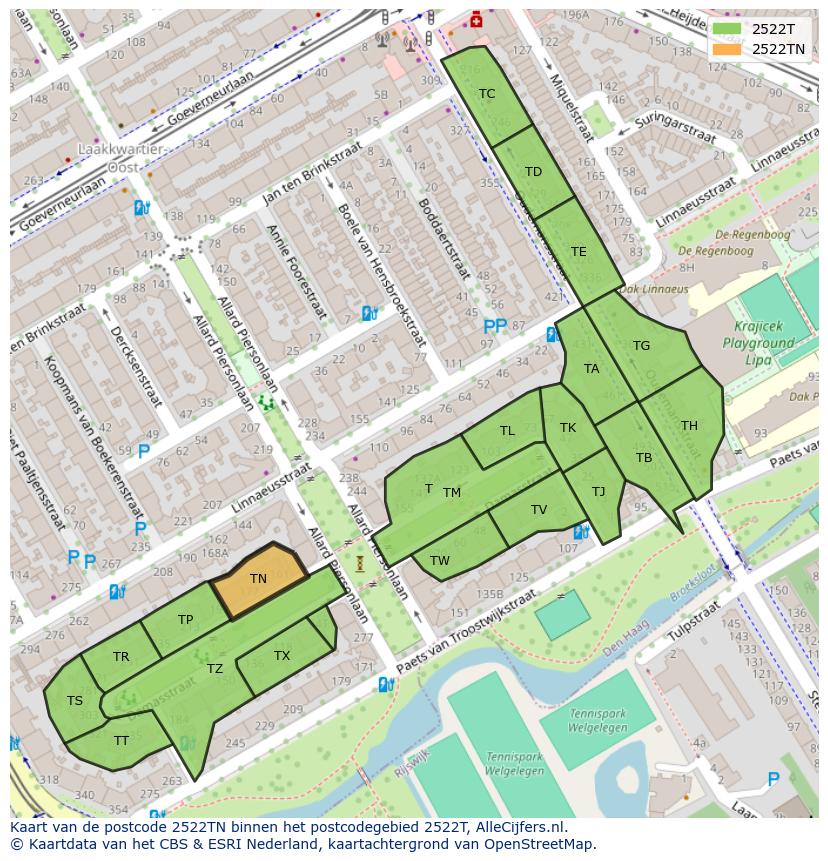 Afbeelding van het postcodegebied 2522 TN op de kaart.