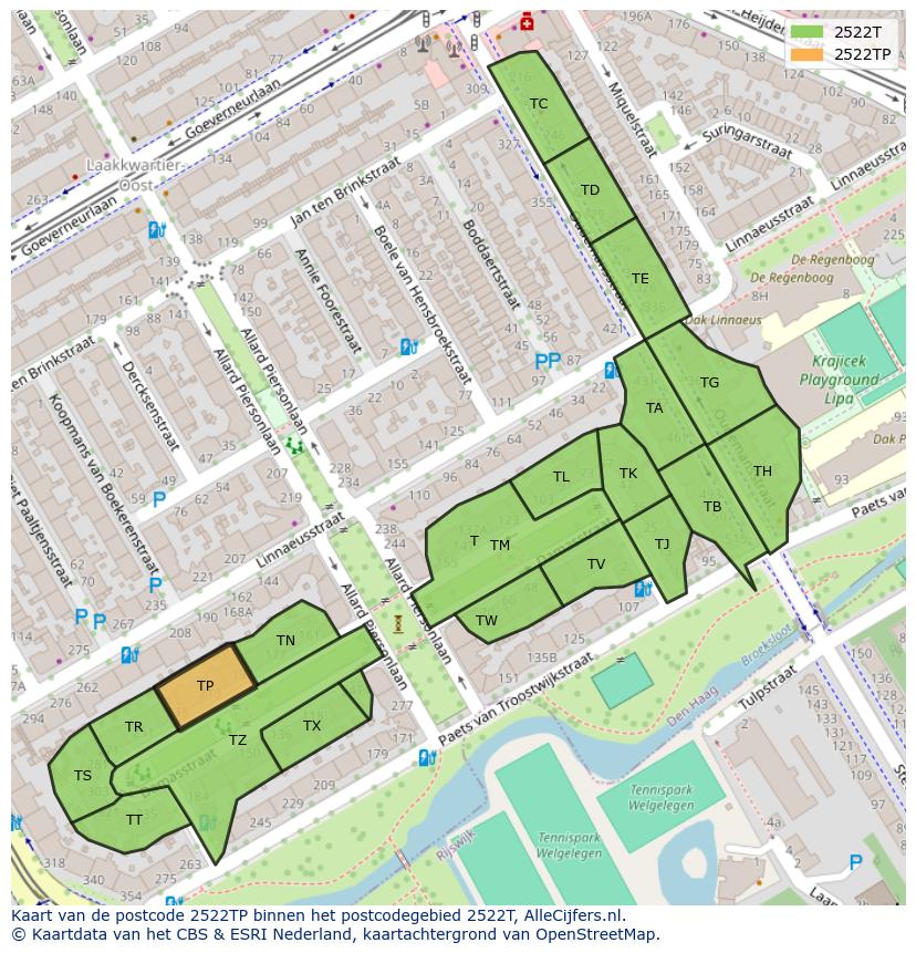 Afbeelding van het postcodegebied 2522 TP op de kaart.