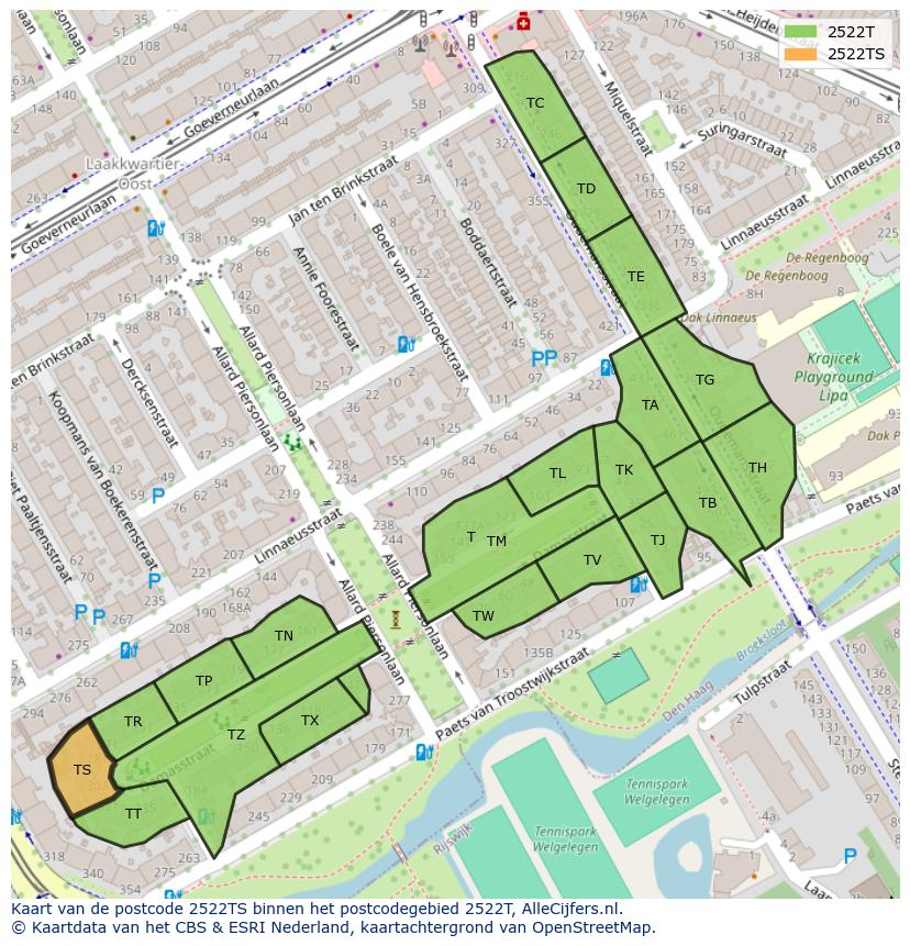 Afbeelding van het postcodegebied 2522 TS op de kaart.