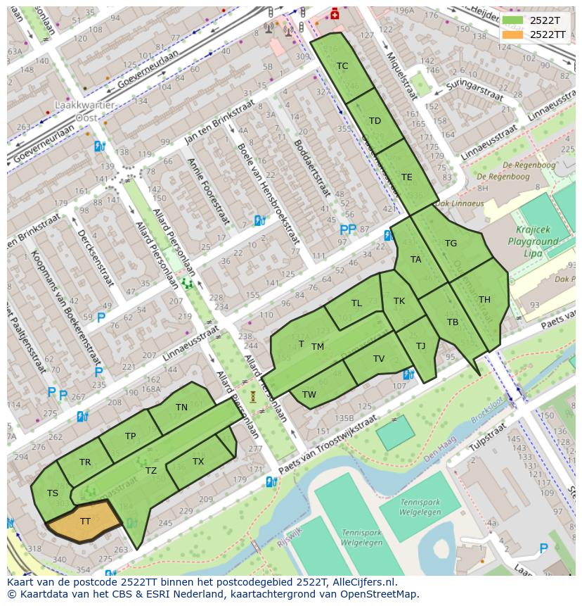 Afbeelding van het postcodegebied 2522 TT op de kaart.