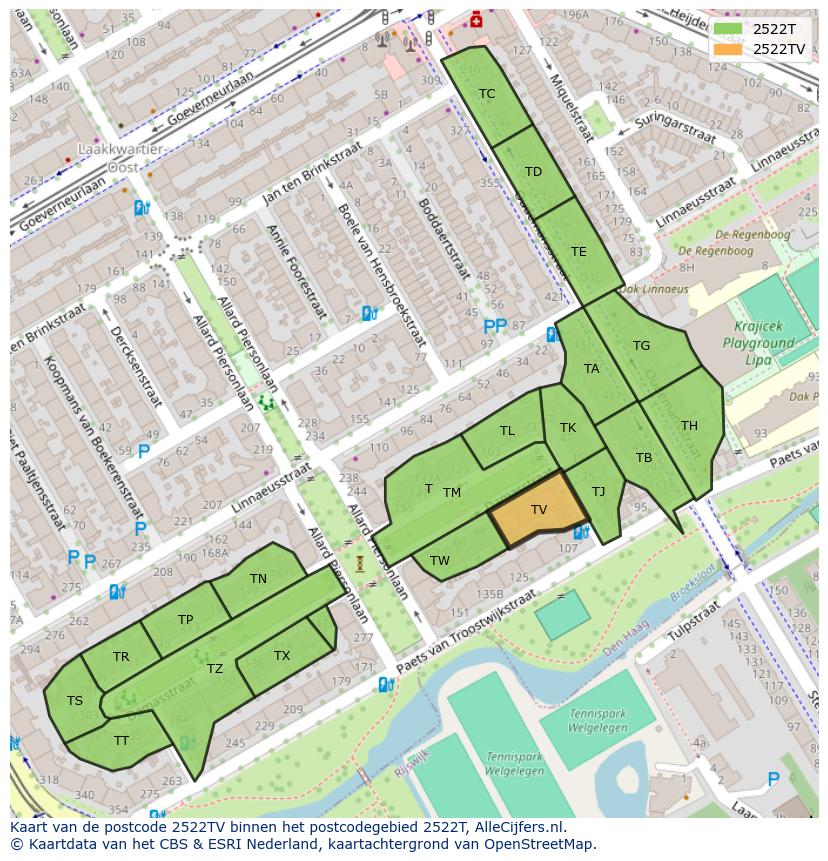 Afbeelding van het postcodegebied 2522 TV op de kaart.