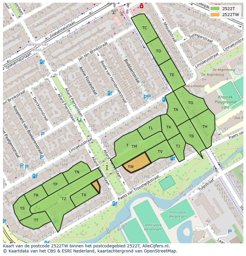 Afbeelding van het postcodegebied 2522 TW op de kaart.