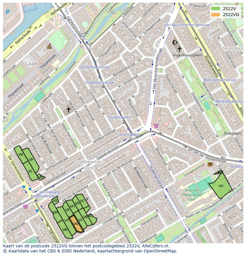 Afbeelding van het postcodegebied 2522 VG op de kaart.