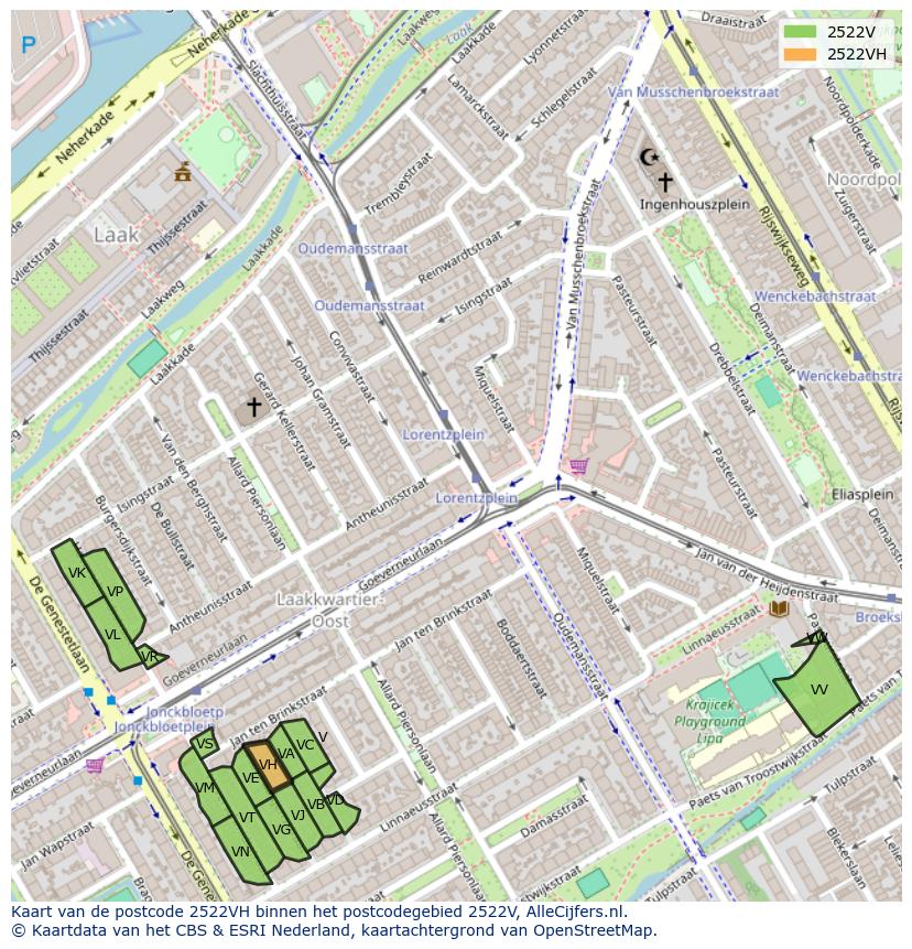 Afbeelding van het postcodegebied 2522 VH op de kaart.