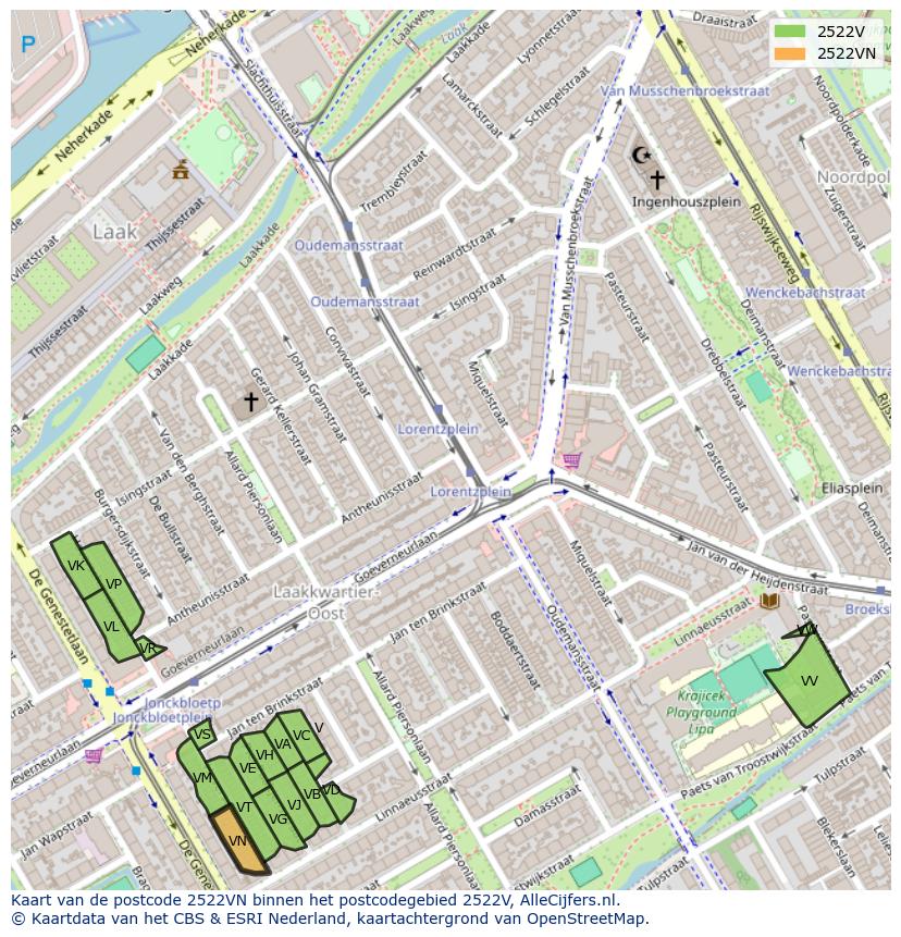 Afbeelding van het postcodegebied 2522 VN op de kaart.