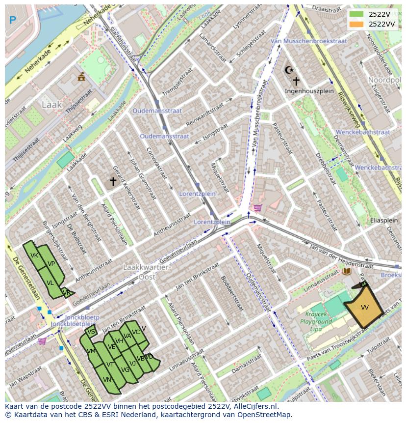 Afbeelding van het postcodegebied 2522 VV op de kaart.