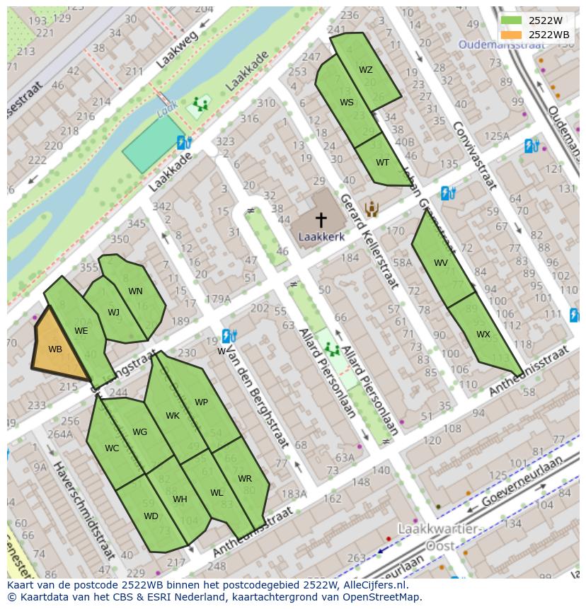 Afbeelding van het postcodegebied 2522 WB op de kaart.