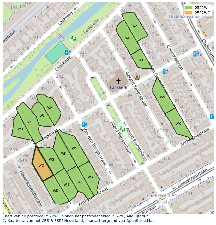 Afbeelding van het postcodegebied 2522 WC op de kaart.