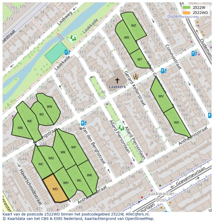 Afbeelding van het postcodegebied 2522 WD op de kaart.