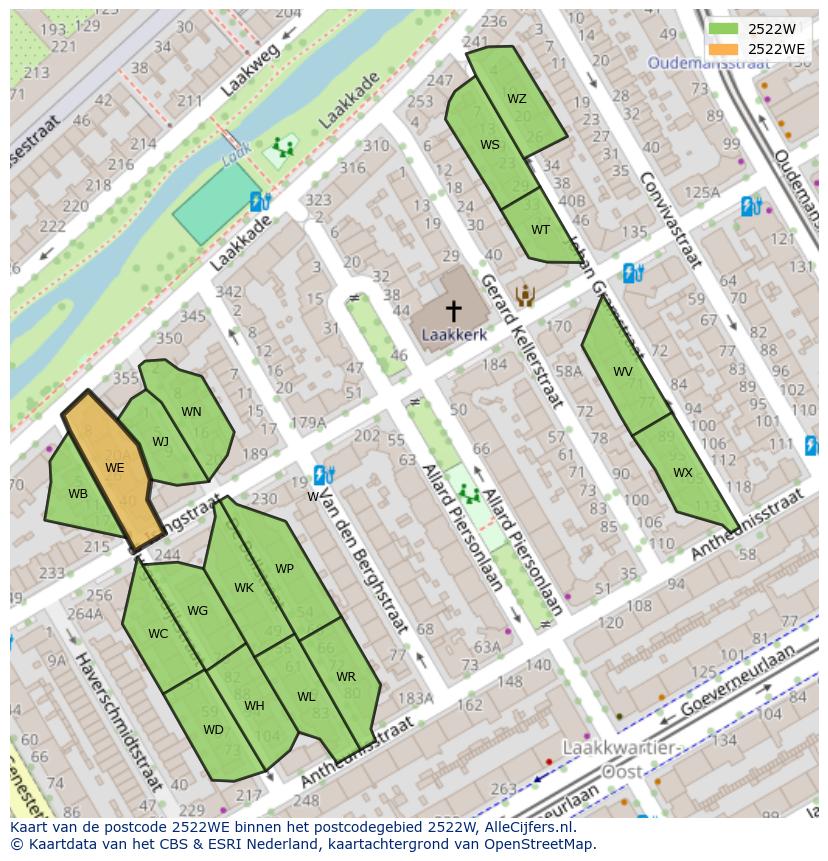 Afbeelding van het postcodegebied 2522 WE op de kaart.