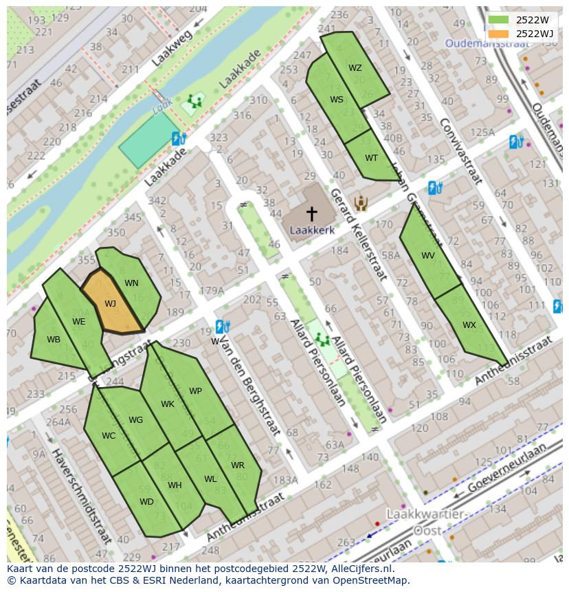 Afbeelding van het postcodegebied 2522 WJ op de kaart.