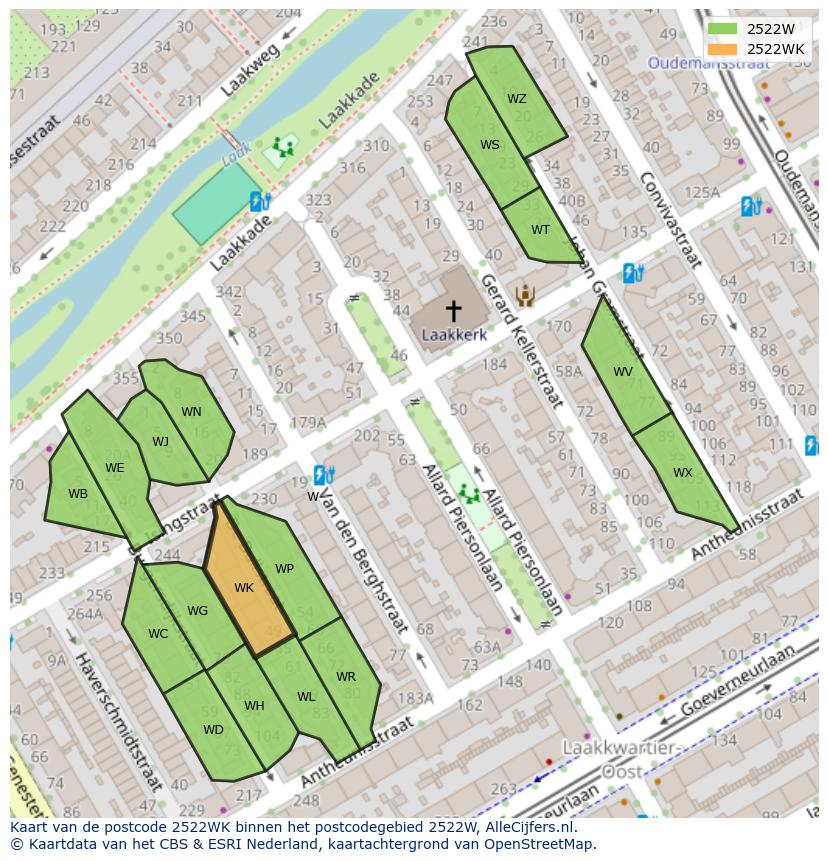 Afbeelding van het postcodegebied 2522 WK op de kaart.