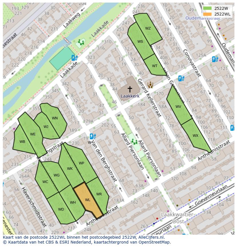 Afbeelding van het postcodegebied 2522 WL op de kaart.