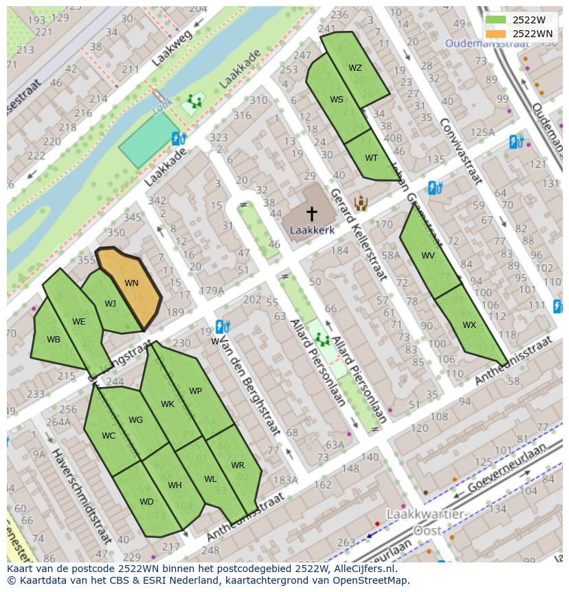 Afbeelding van het postcodegebied 2522 WN op de kaart.