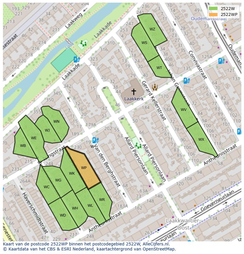 Afbeelding van het postcodegebied 2522 WP op de kaart.