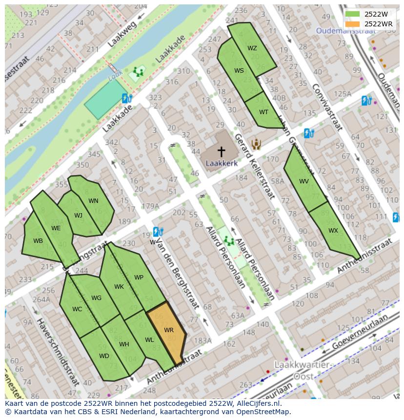Afbeelding van het postcodegebied 2522 WR op de kaart.