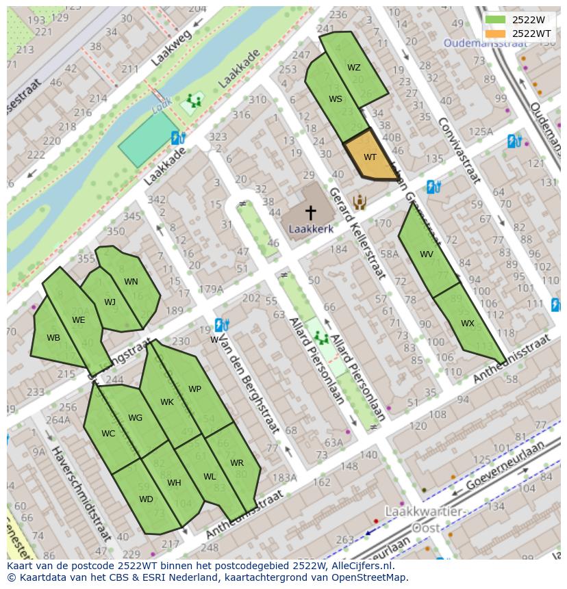 Afbeelding van het postcodegebied 2522 WT op de kaart.