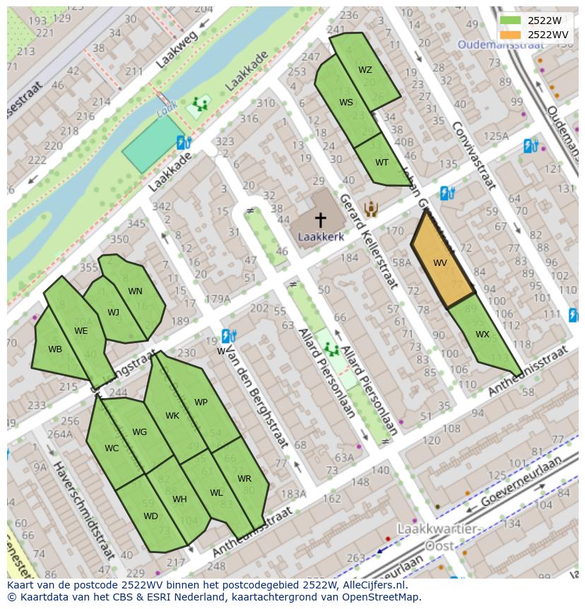 Afbeelding van het postcodegebied 2522 WV op de kaart.