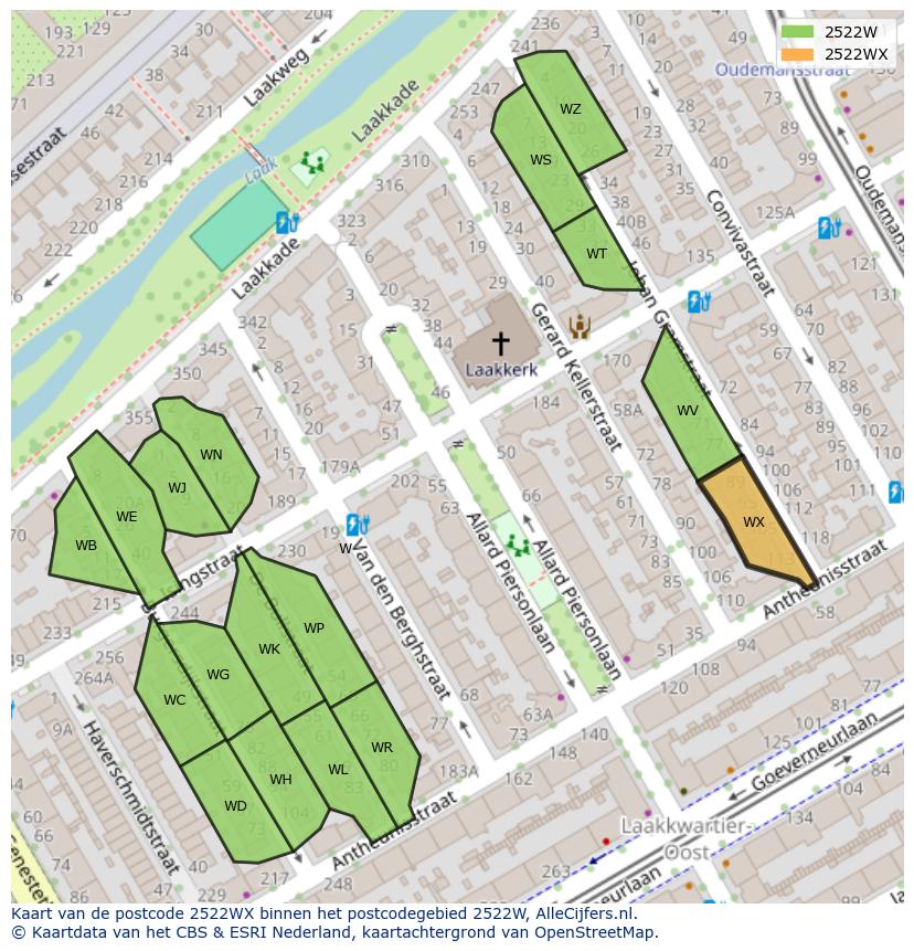 Afbeelding van het postcodegebied 2522 WX op de kaart.