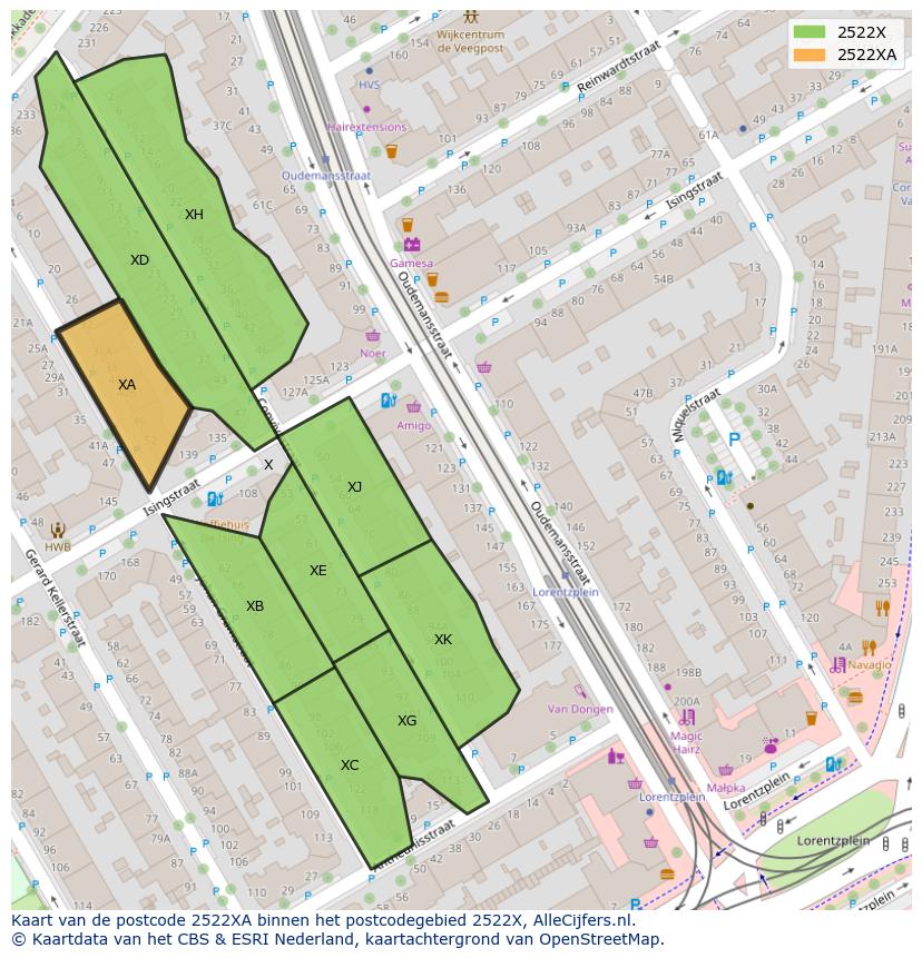 Afbeelding van het postcodegebied 2522 XA op de kaart.