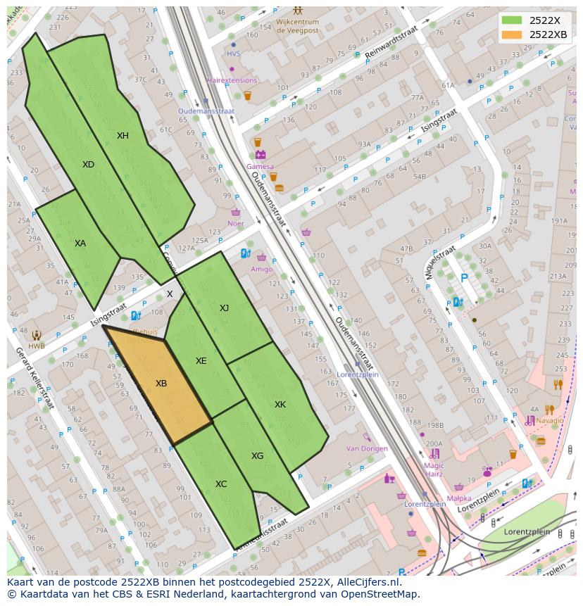 Afbeelding van het postcodegebied 2522 XB op de kaart.
