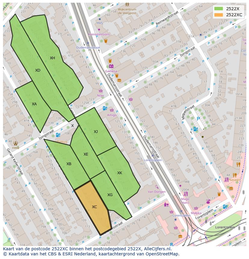 Afbeelding van het postcodegebied 2522 XC op de kaart.