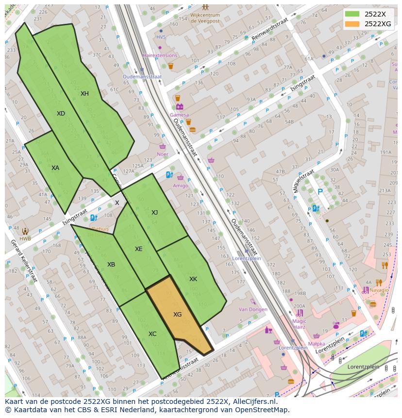 Afbeelding van het postcodegebied 2522 XG op de kaart.